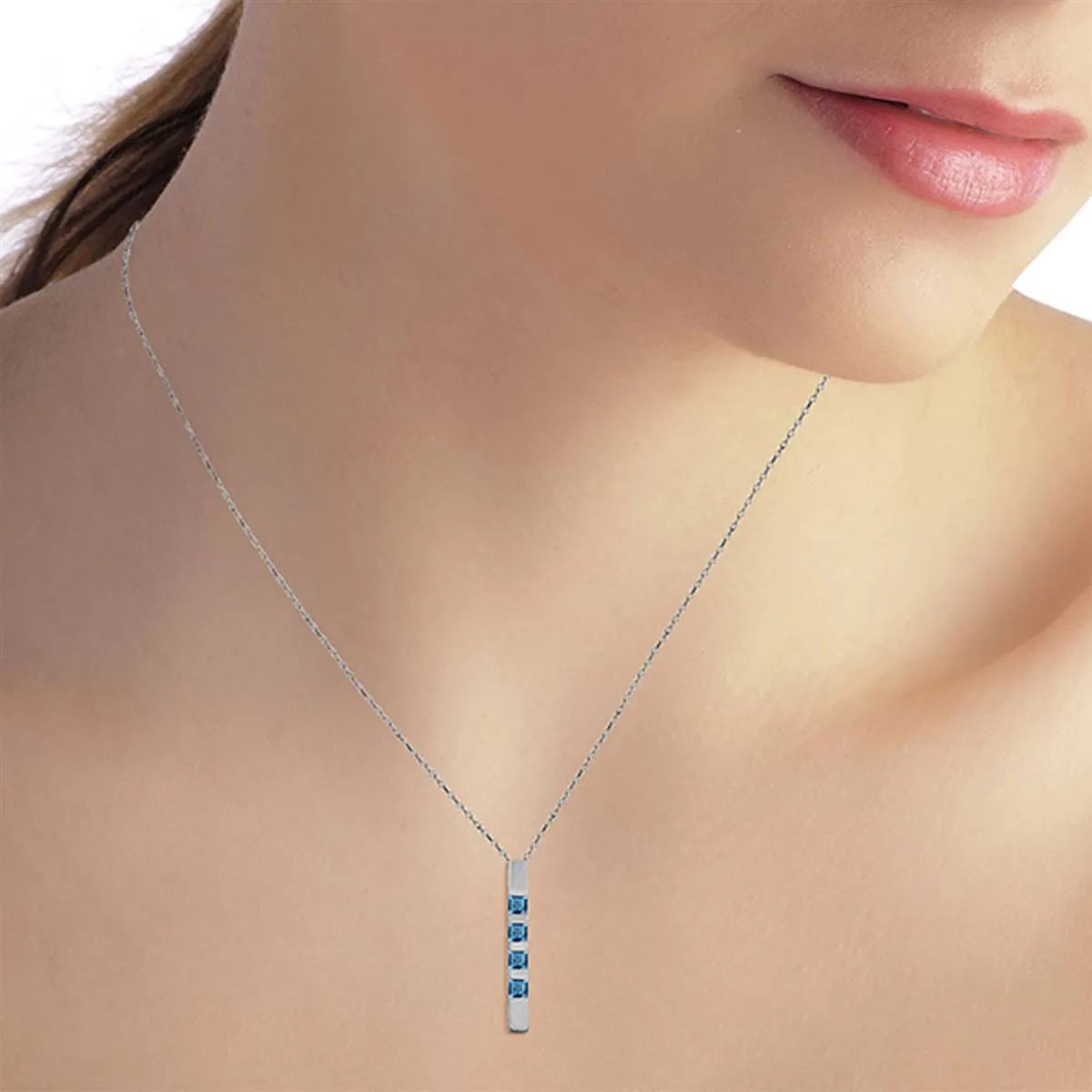 0.35 Carat 14K Solid White Gold Necklace Bar Natural Blue Topaz