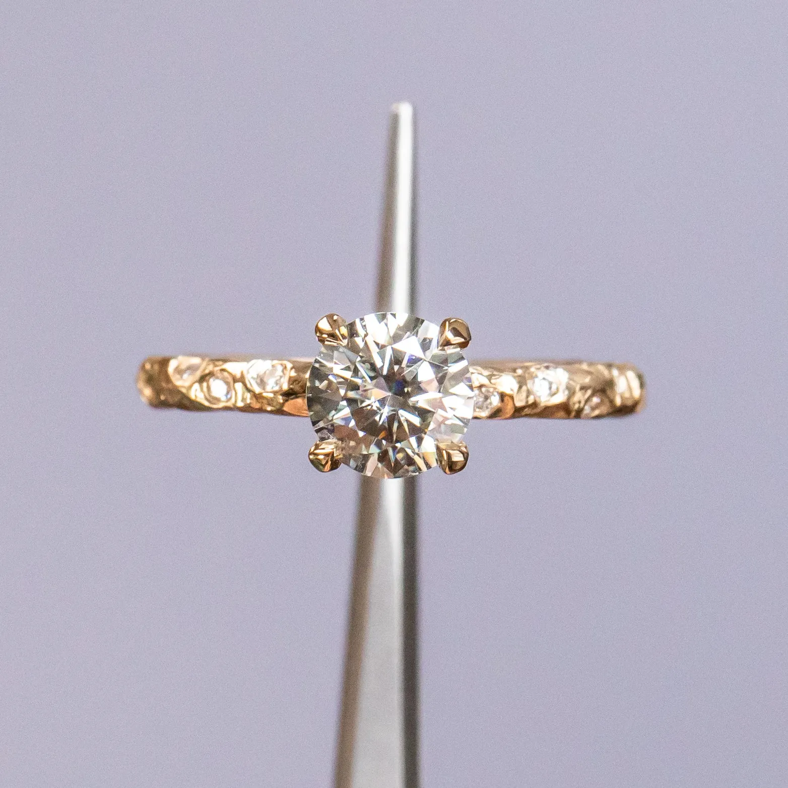 0.90ct Round Grey Moissanite in 14k Yellow Gold Evergreen Solitaire with Scattered Embedded Diamonds