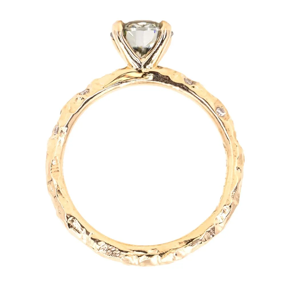 0.90ct Round Grey Moissanite in 14k Yellow Gold Evergreen Solitaire with Scattered Embedded Diamonds