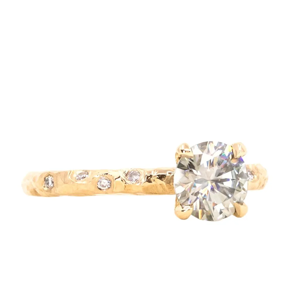 0.90ct Round Grey Moissanite in 14k Yellow Gold Evergreen Solitaire with Scattered Embedded Diamonds