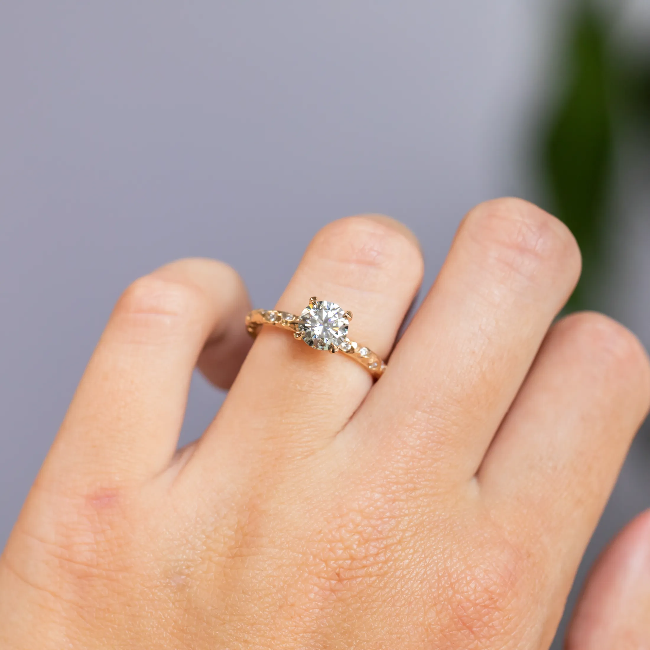 0.90ct Round Grey Moissanite in 14k Yellow Gold Evergreen Solitaire with Scattered Embedded Diamonds