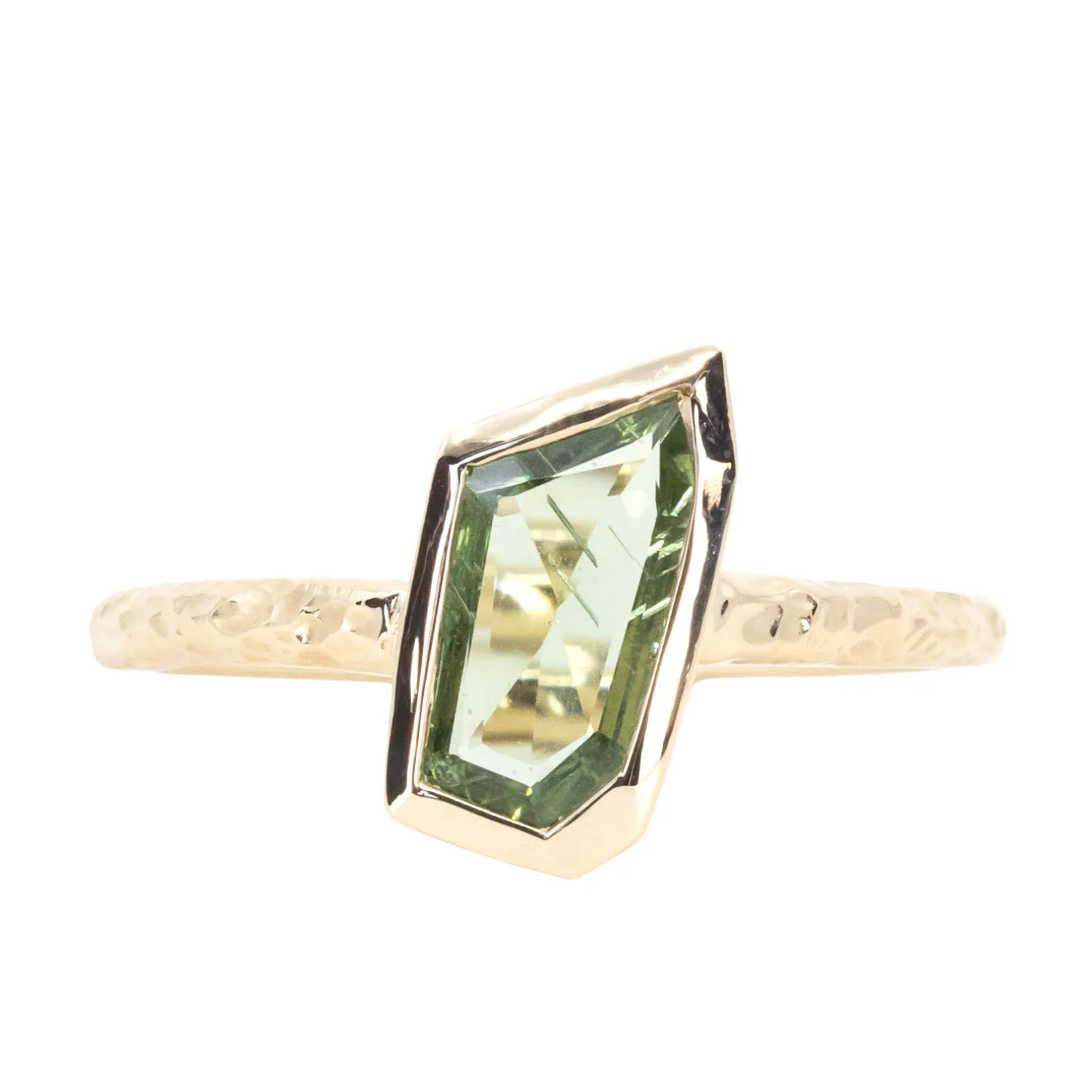 0.98ct Green Geo Slice Sapphire Evergreen Low Profile Bezel Solitaire Ring in 14k Yellow Gold