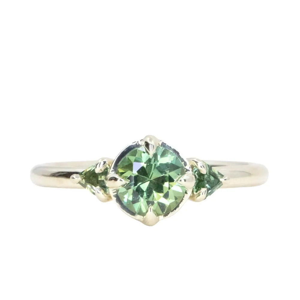 0.99ct Songean Green Sapphire and Trillion Parti Sapphire Antique Low Profile Ring in 14k Green Gold