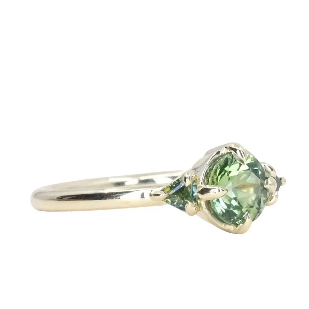 0.99ct Songean Green Sapphire and Trillion Parti Sapphire Antique Low Profile Ring in 14k Green Gold