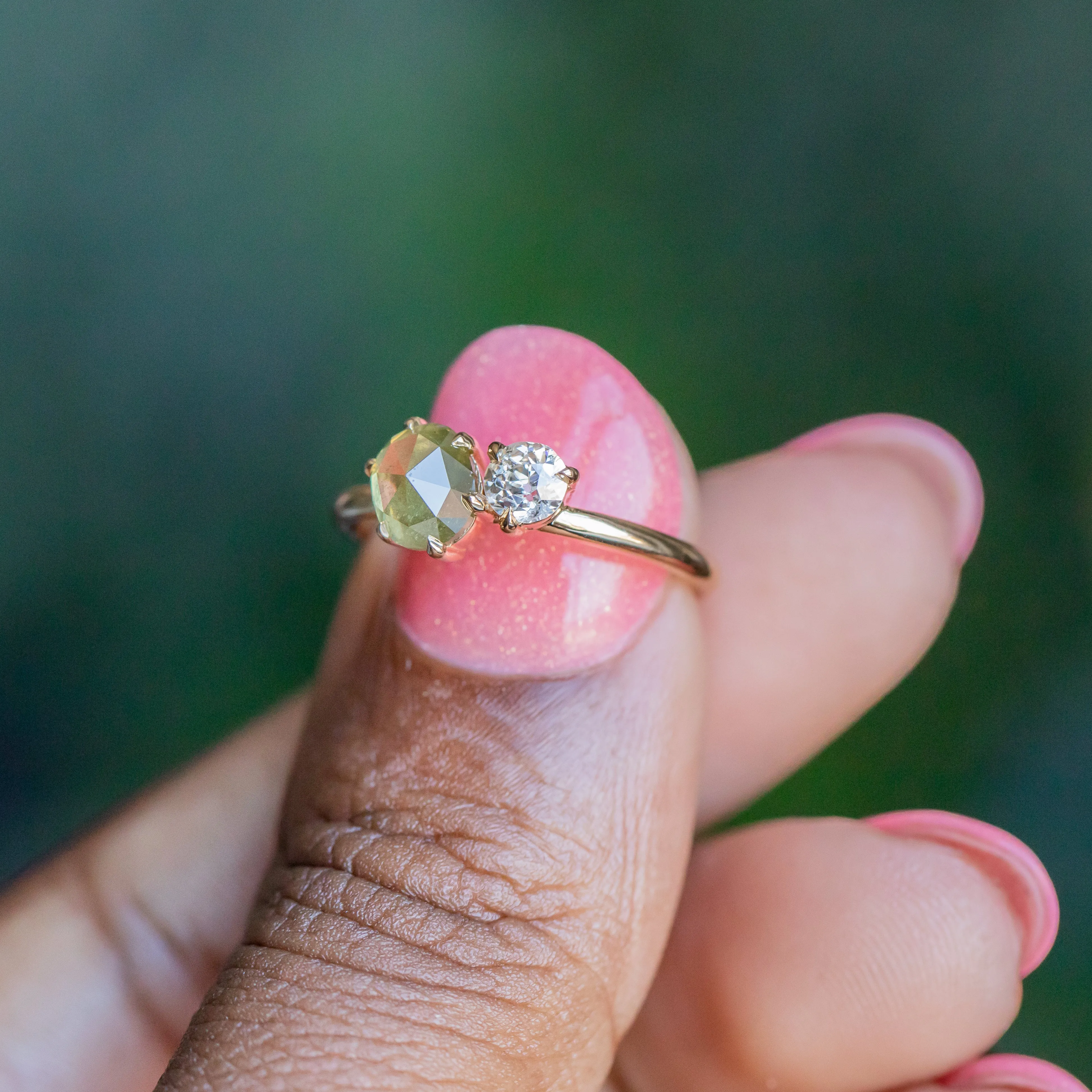 1.02ct Rosecut Green Diamond and 0.27ct Antique Old Mine Cut Diamond Ring in 18k Yellow Gold