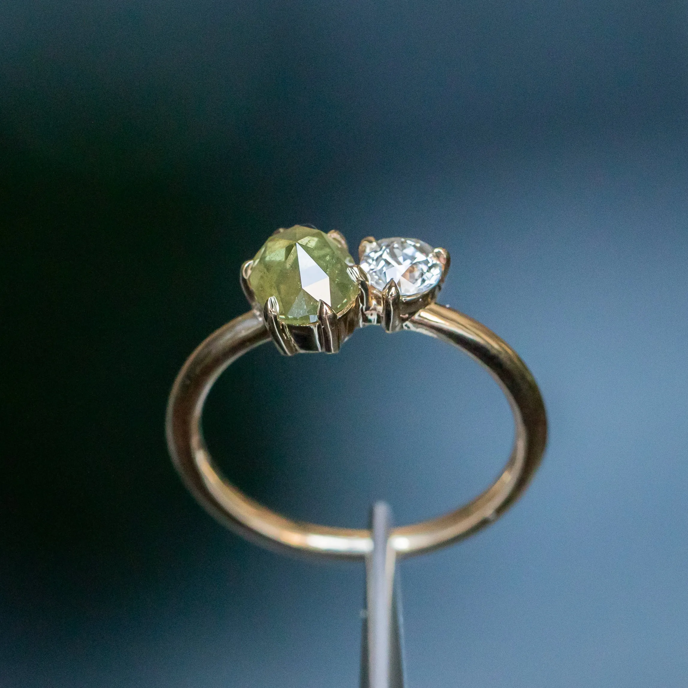 1.02ct Rosecut Green Diamond and 0.27ct Antique Old Mine Cut Diamond Ring in 18k Yellow Gold