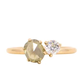 1.02ct Rosecut Green Diamond and 0.27ct Antique Old Mine Cut Diamond Ring in 18k Yellow Gold