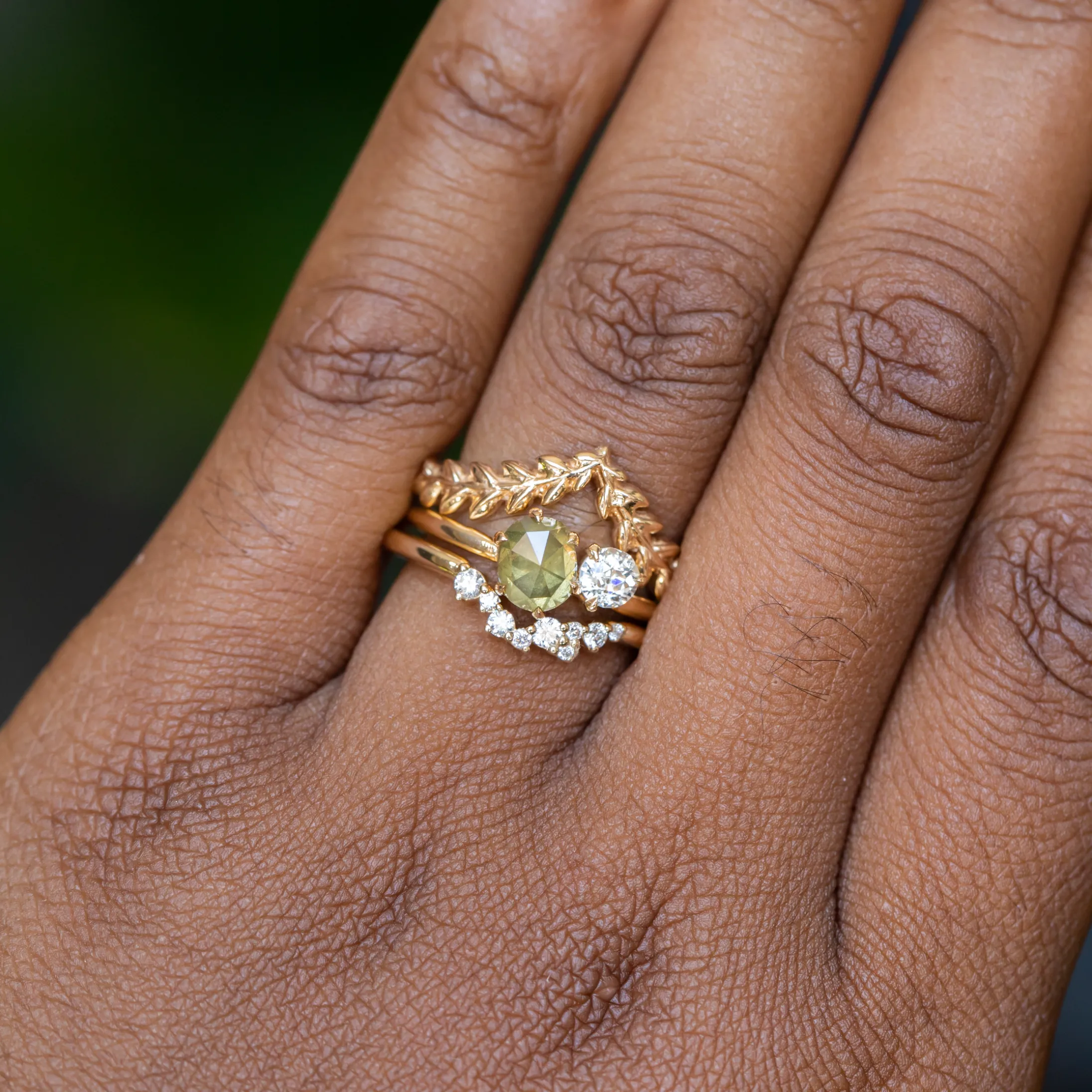 1.02ct Rosecut Green Diamond and 0.27ct Antique Old Mine Cut Diamond Ring in 18k Yellow Gold