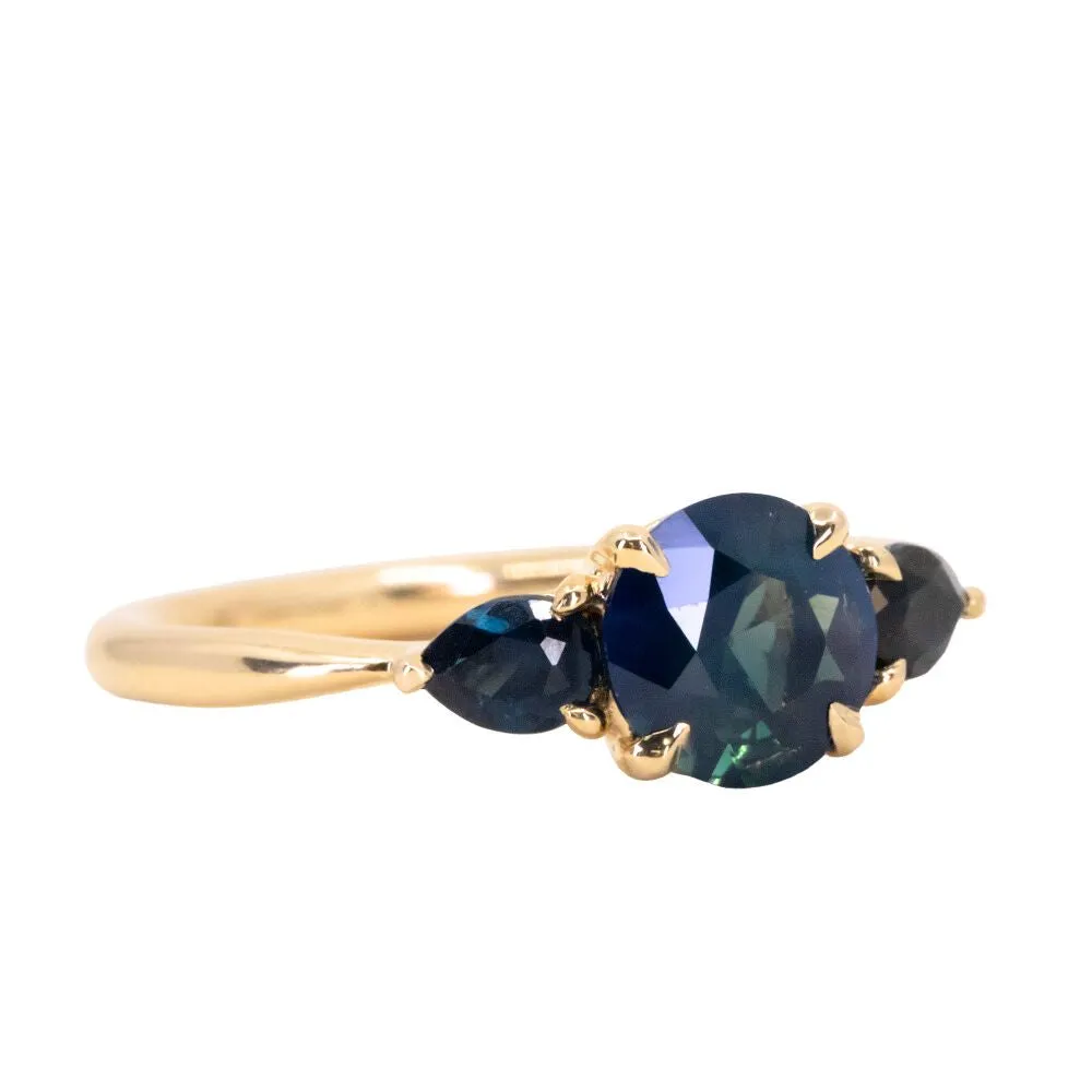 1.03ct Untreated Teal Nigerian Sapphire Three Stone Ring in 18K Yellow Gold