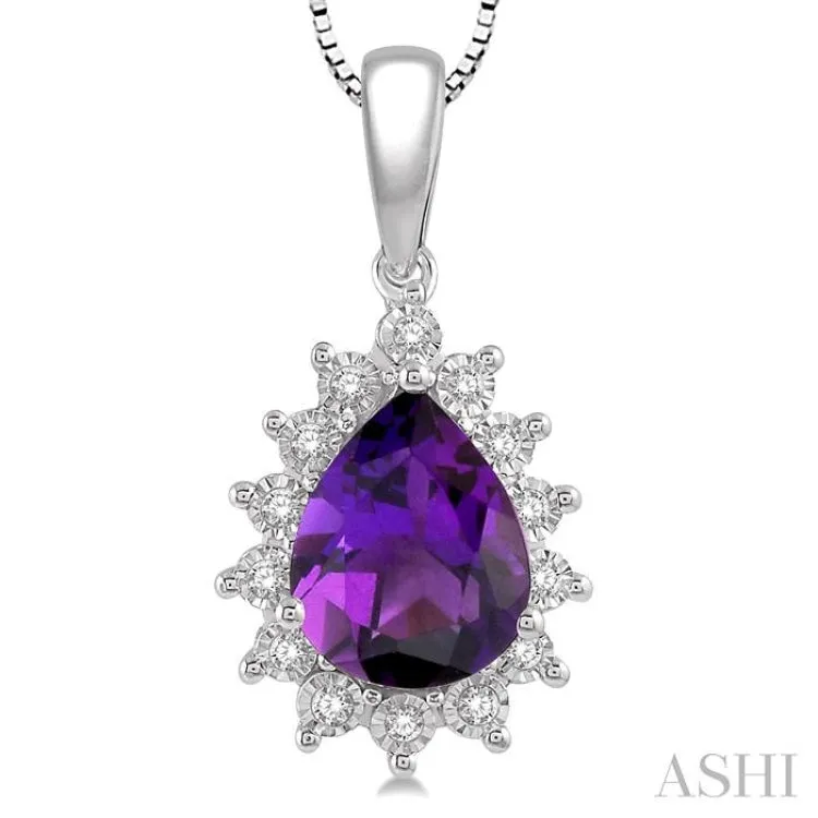 1/10 Ctw Pear Shape 9x6mm Amethyst & Round Cut Diamond Semi Precious Pendant in 10K White Gold