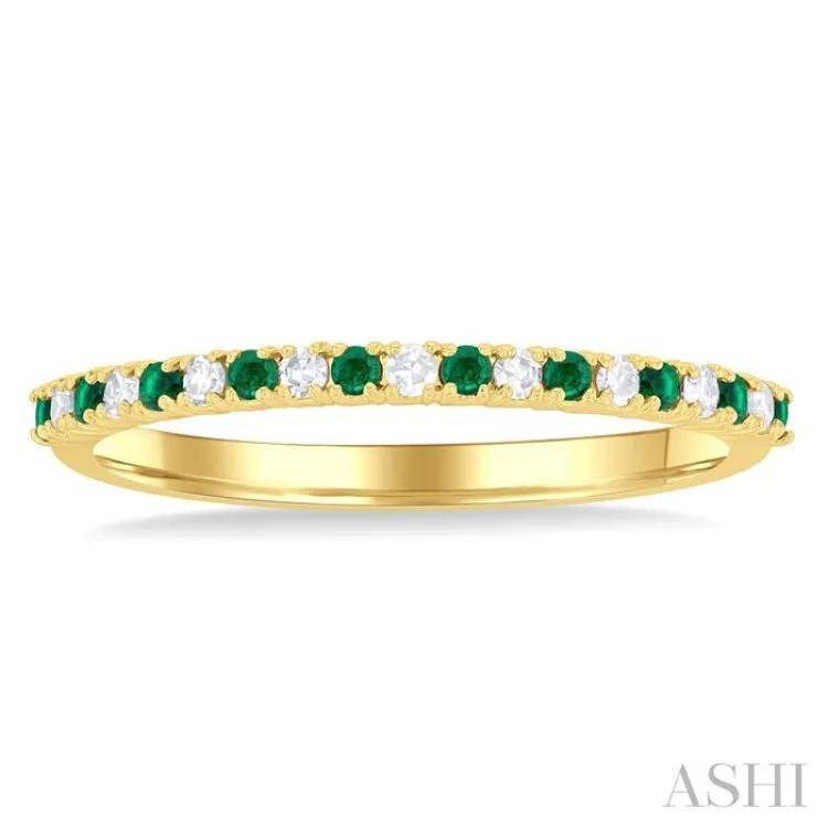 1/10 Ctw Petite 1.35 MM Emerald and Round Cut Diamond Precious Stack Band in 10K Yellow Gold