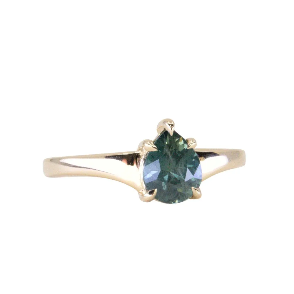 1.20ct Silky Teal Pear Sapphire Low Profile 5 Prong Tapered Solitaire in 14k Yellow Gold