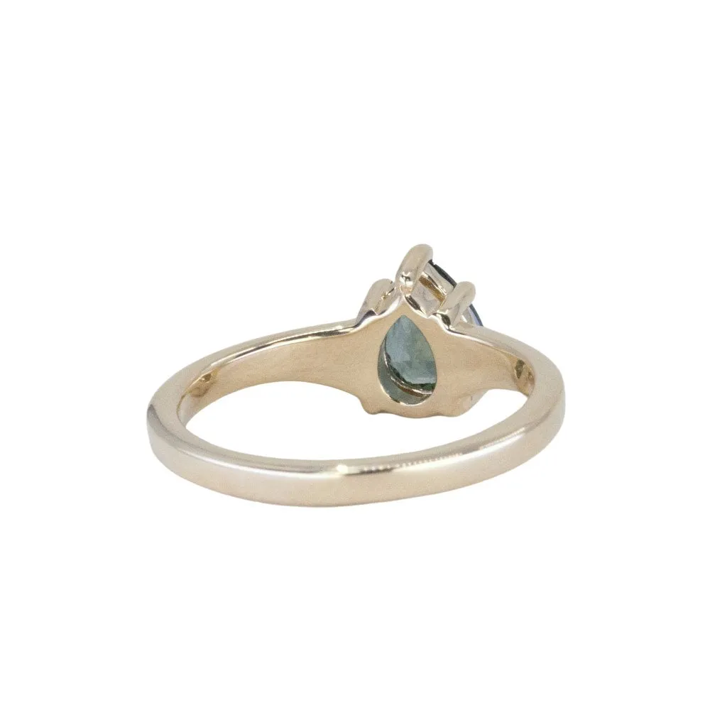 1.20ct Silky Teal Pear Sapphire Low Profile 5 Prong Tapered Solitaire in 14k Yellow Gold