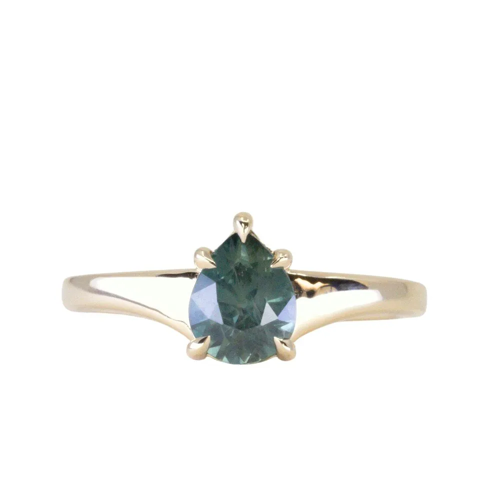 1.20ct Silky Teal Pear Sapphire Low Profile 5 Prong Tapered Solitaire in 14k Yellow Gold