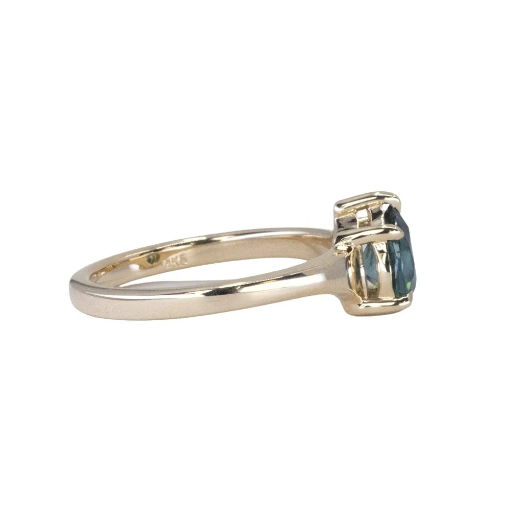 1.20ct Silky Teal Pear Sapphire Low Profile 5 Prong Tapered Solitaire in 14k Yellow Gold