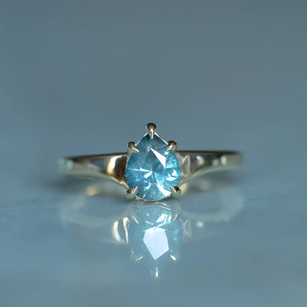 1.20ct Silky Teal Pear Sapphire Low Profile 5 Prong Tapered Solitaire in 14k Yellow Gold