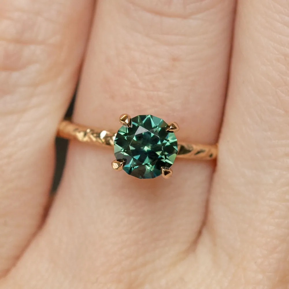 1.38ct Round Australian Teal Green Blue Sapphire Evergreen Solitaire Ring in 14k Yellow Gold