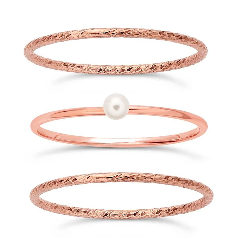 14/20 Rose Gold-Filled Petite Stackable Rings, Fashion Swarovski Pearl & Sparkle Finish, Set of 3