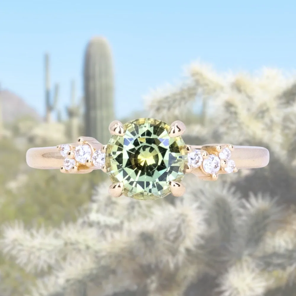 1.43ct Round Light Spring Green Montana Sapphire and Diamond Starry Night Low Profile Solitaire in 18k Yellow Gold