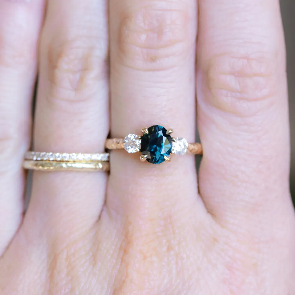 1.49ct Untreated Oval Nigerian Deep Teal Sapphire and Lab Grown Diamond Dainty Three Stone Ring in 14k Yellow Gold