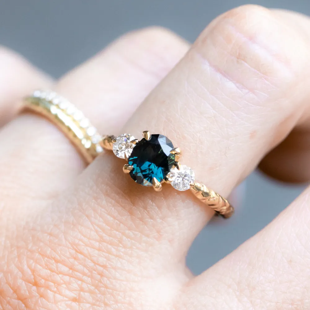 1.49ct Untreated Oval Nigerian Deep Teal Sapphire and Lab Grown Diamond Dainty Three Stone Ring in 14k Yellow Gold