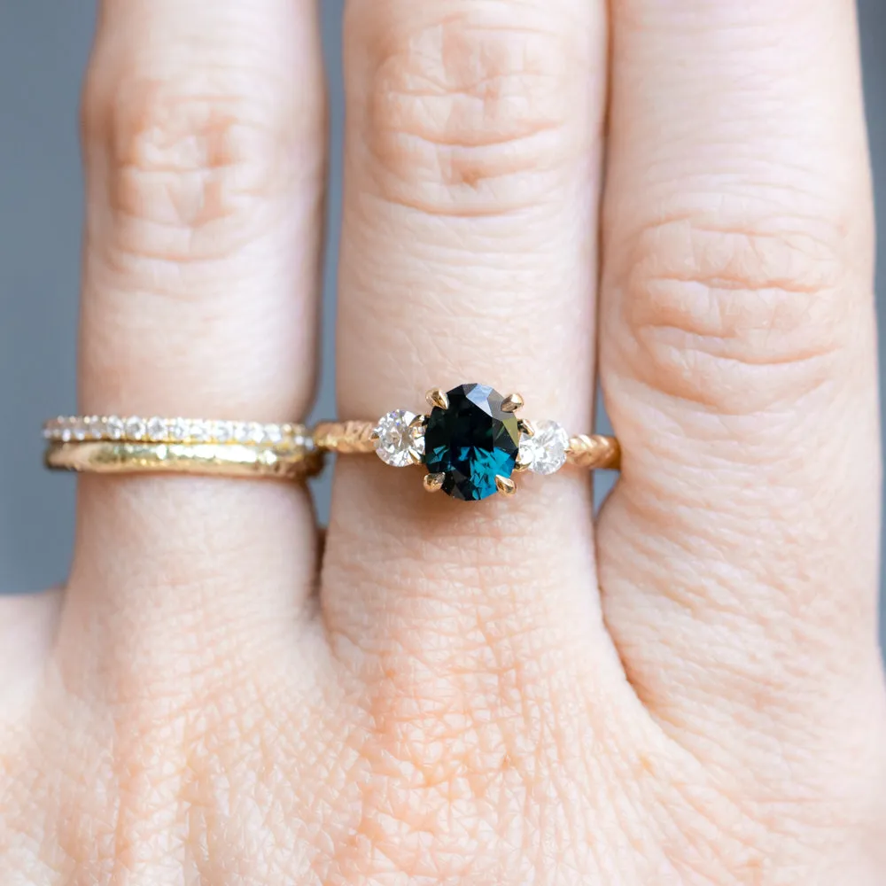 1.49ct Untreated Oval Nigerian Deep Teal Sapphire and Lab Grown Diamond Dainty Three Stone Ring in 14k Yellow Gold