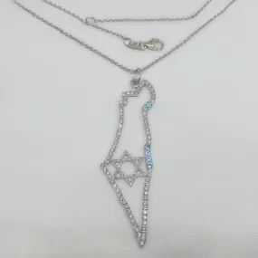 14K Gold Israel Map Diamond and Blue Topaz Necklace