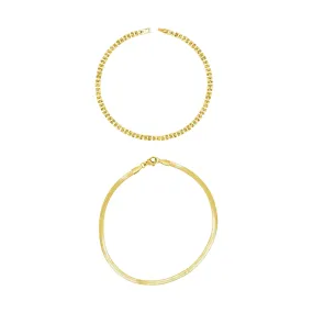 14k Gold Plated Watch Band and Herringbone Anklet Set gold