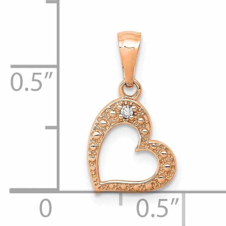 14k Rose Gold Beaded Textured Polished Finish 01ct. Diamond Slanted Heart Shape Design Pendant