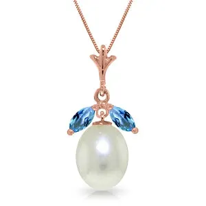 14K Solid Rose Gold Necklace w/ Parl & Blue Topaz