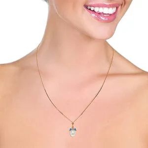 14K Solid Rose Gold Necklace w/ Parl & Blue Topaz