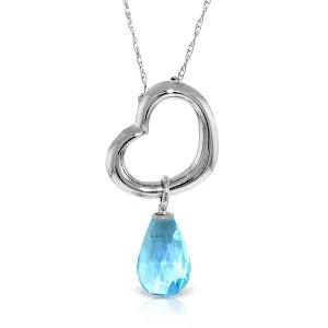 14K Solid White Gold Heart Necklace w/ Dangling Natural Blue Topaz