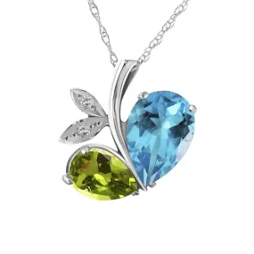 14K Solid White Gold Modern Heart Necklace Combination Of Blue Topaz, Peridot & Diamonds