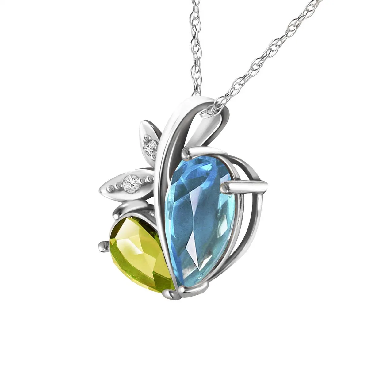 14K Solid White Gold Modern Heart Necklace Combination Of Blue Topaz, Peridot & Diamonds