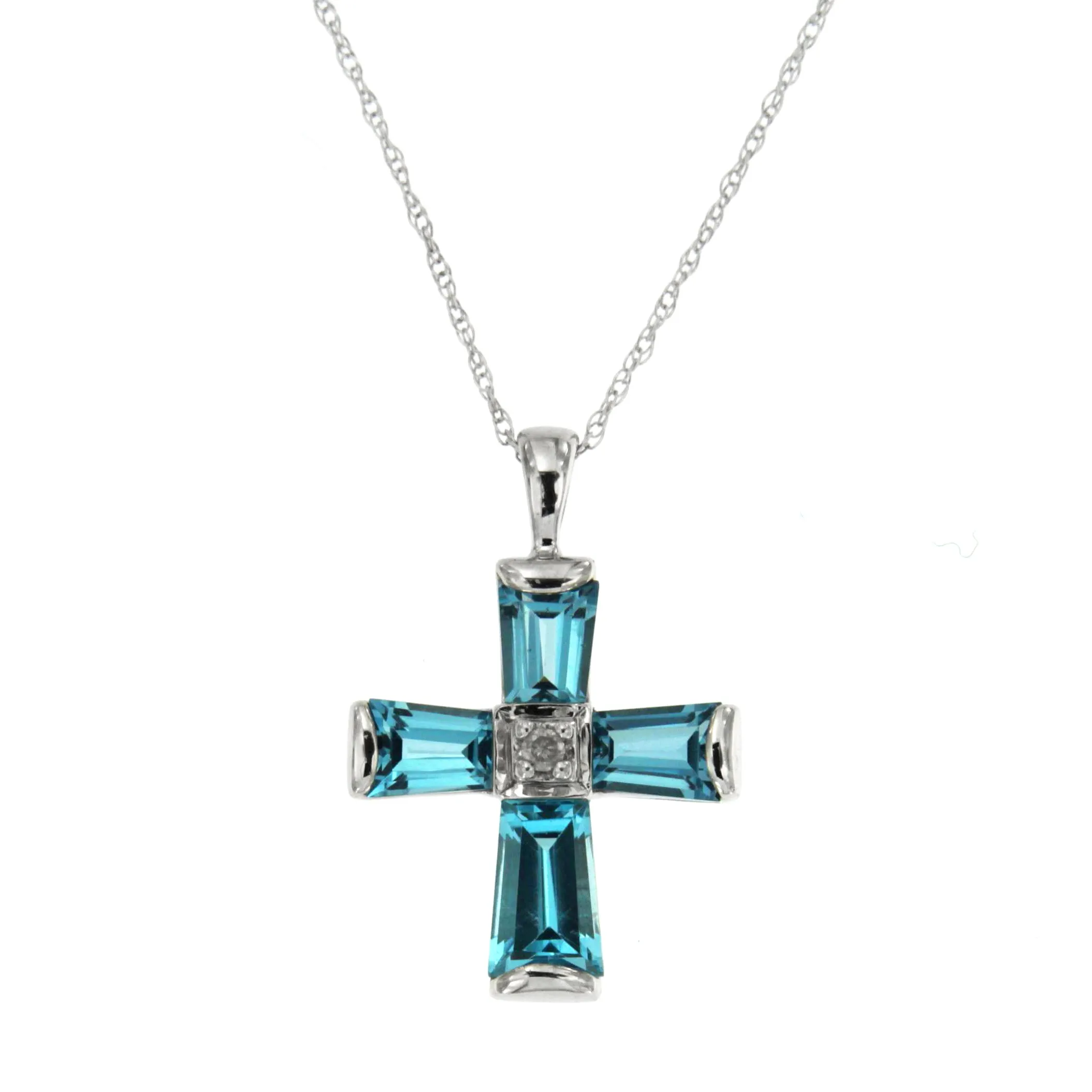 14K White Gold Baguette Blue Topaz and Diamond Gemstone Cross December Birthstone Pendant, 18" Chain.