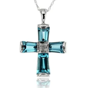 14K White Gold Baguette Blue Topaz and Diamond Gemstone Cross December Birthstone Pendant, 18" Chain.