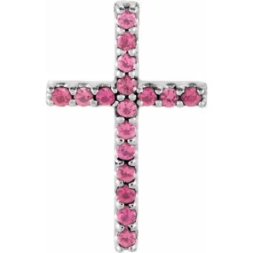 14K White Natural Pink Tourmaline Petite Cross Pendant