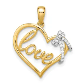 14k Yellow Gold 0.063-CT Diamond Heart with Bow Design Pendant