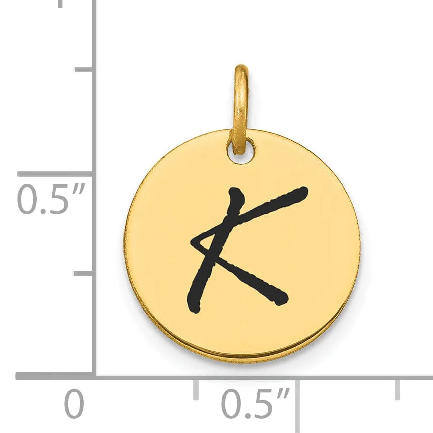 14k Yellow Gold Polished Black Epoxy Finish Letter K Initial Disk Shape Charm Pendant