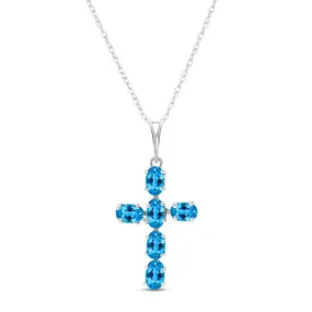 1.5 Carat 14K Solid White Gold Cross Necklace Natural Blue Topaz