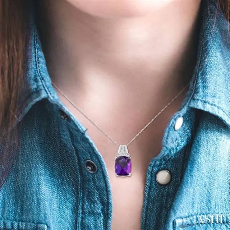 1/50 Ctw Looped Round Cut Diamond & 10x8MM Cushion Cut Amethyst Semi Precious Pendant With Chain in Sterling Silver