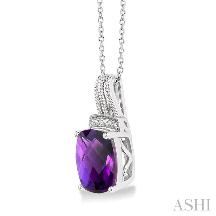 1/50 Ctw Looped Round Cut Diamond & 10x8MM Cushion Cut Amethyst Semi Precious Pendant With Chain in Sterling Silver