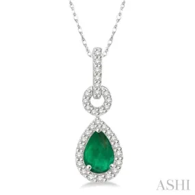 1/6 Ctw Round Cut Diamond and Pear Cut 6x4mm Emerald Drop Precious Pendant in 10K White Gold with chain