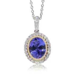 18ct White & Yellow Gold Tanzanite & Diamond Halo Pendant