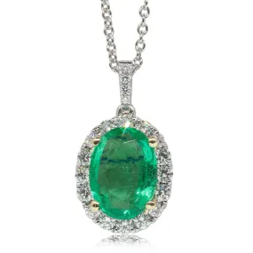 18ct White Gold Emerald & Diamond Halo Pendant