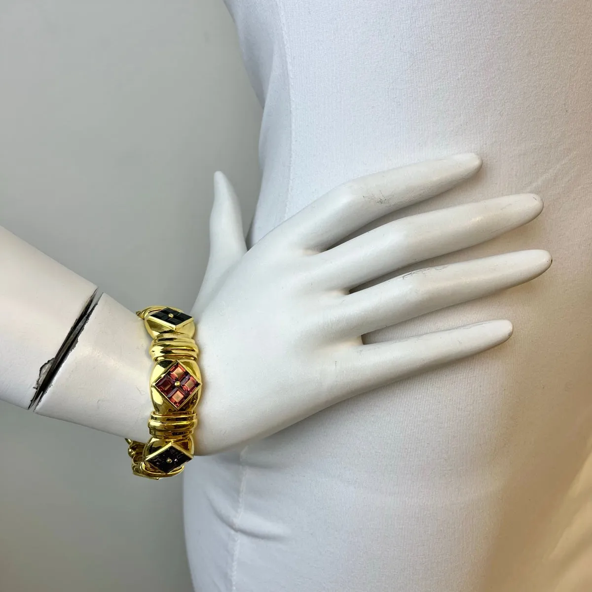 18K Gold Bracelet with Pink and Green Tourmaline, Iolites and Citrines