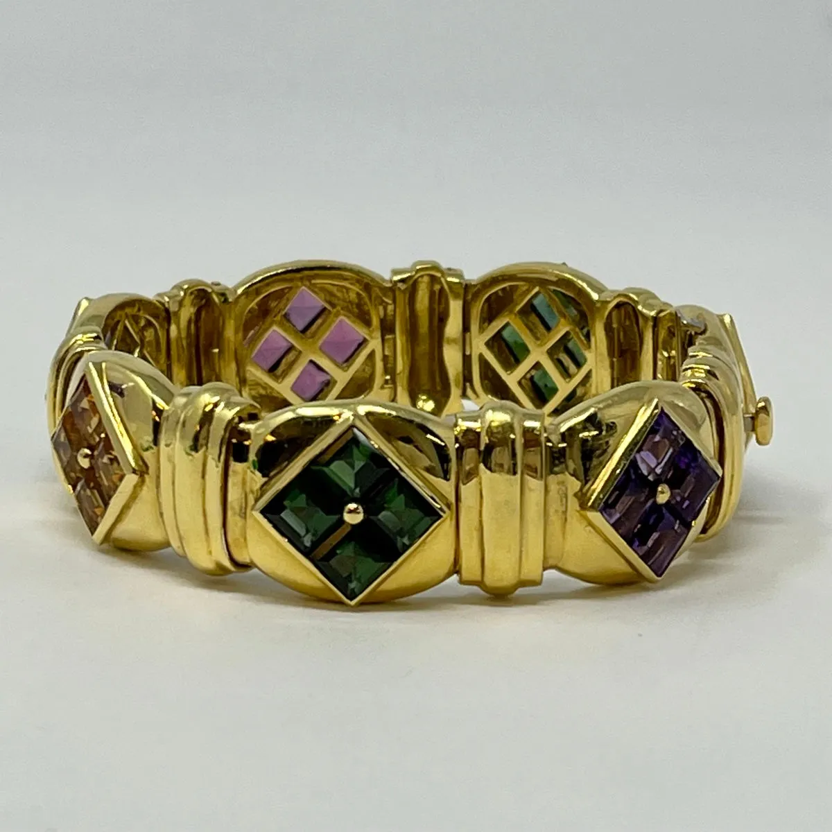 18K Gold Bracelet with Pink and Green Tourmaline, Iolites and Citrines