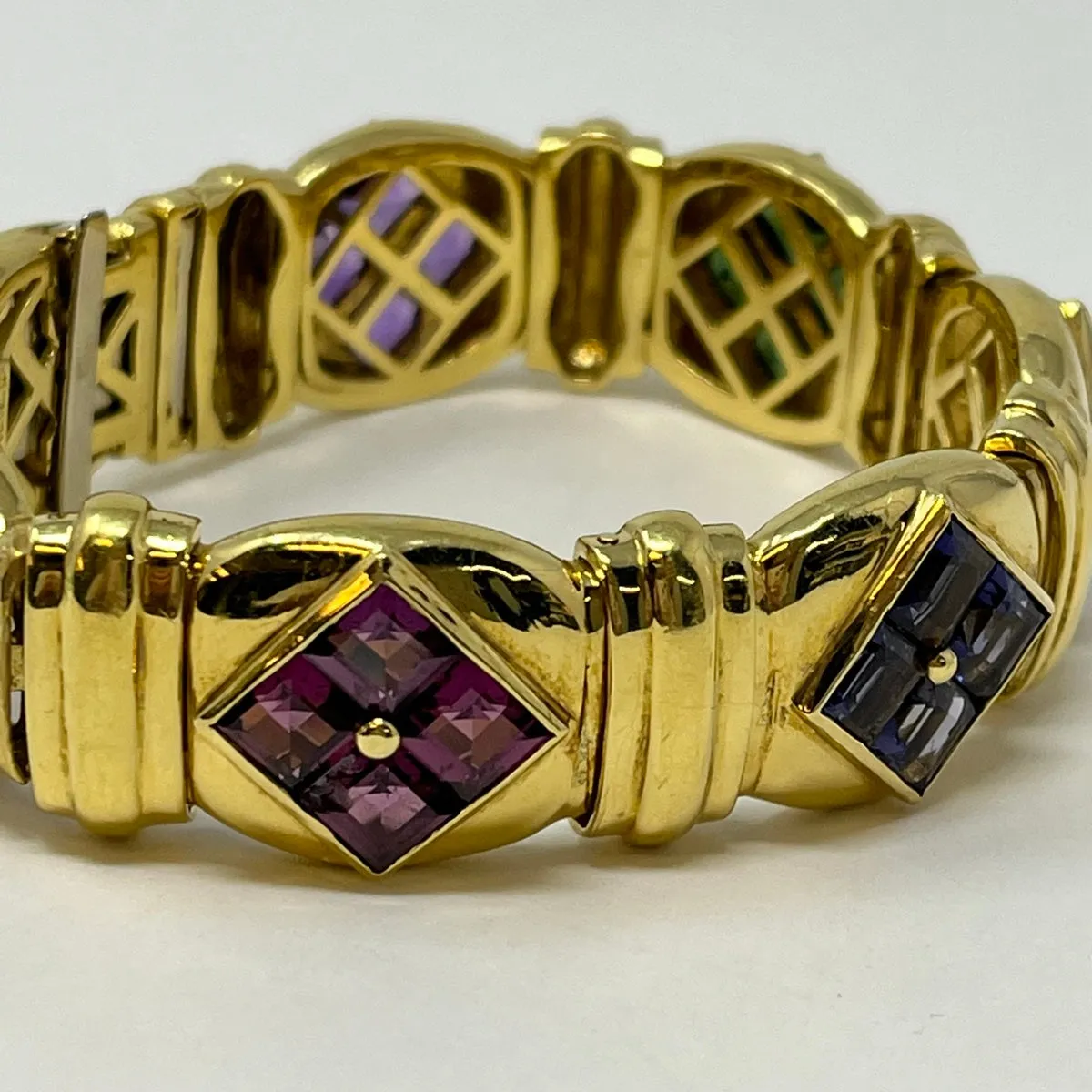 18K Gold Bracelet with Pink and Green Tourmaline, Iolites and Citrines