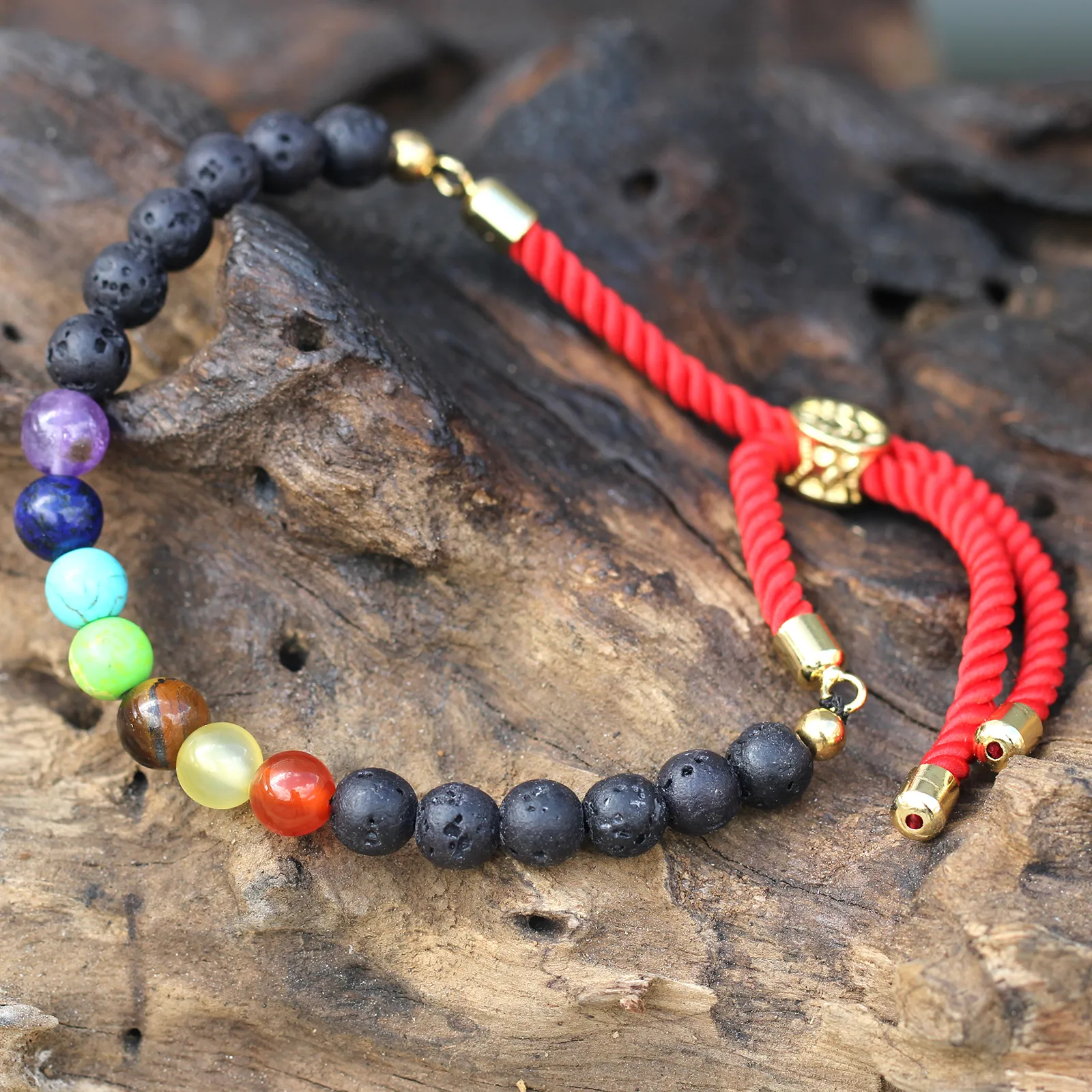 18K Gold Plated Lava Stone Chakra Gemstone Bracelet - Adjustable Royal String Jewelry for Men and Women