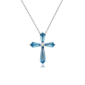 18k White Gold Blue Topaz Cross Pendant Necklace